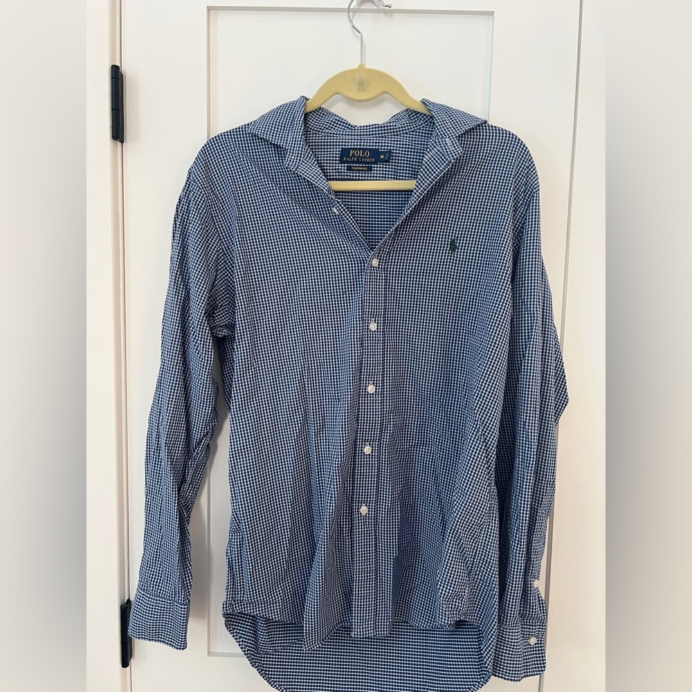 Ralph Lauren Men's Navy Checkered Button Down Shirt Performance